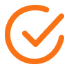 Circular checkmark icon, orange and black.